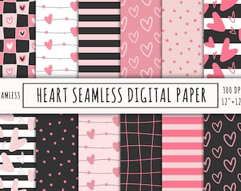 Valentine hearts digital paper pack, seamless repeat printable pattern, instant download file, heart background, boho doodle scrapbook paper