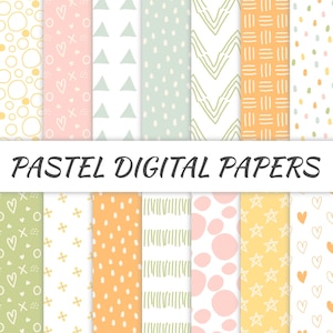 May include: A set of seamless pastel digital papers with various patterns, including stars, circles, and hearts. The designs are in soft colours such as yellow, pink, and green. Each paper measures 30.48 cm x 30.48 cm and is 300 DPI.