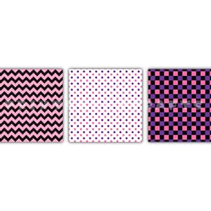 May include: Three square patterns: a black and pink chevron, a white background with pink and purple polka dots, and a black, pink, and purple checkerboard design. The patterns are displayed on a white background.