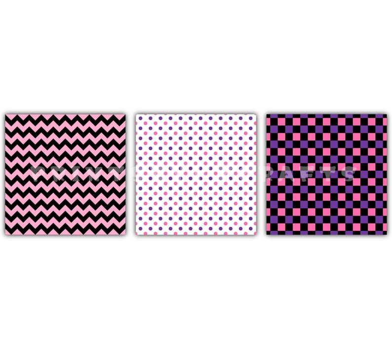 May include: Three square patterns: a black and pink chevron, a white background with pink and purple polka dots, and a black, pink, and purple checkerboard design. The patterns are displayed on a white background.