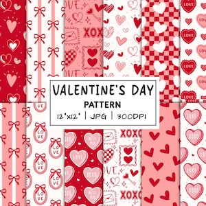 Pode incluir: Uma coleção de padrões de Dia dos Namorados em vermelho e rosa. Os designs incluem corações, laços e o texto "Valentine's Day Pattern" num retângulo branco. Cada padrão tem 30.48cm x 30.48cm e 300DPI.