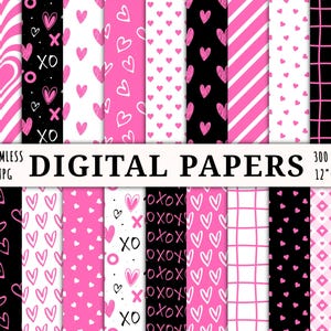Hot Pink Valentines digitaal papierpakket, naadloos afdrukbaar hartpatroon, Instant downloadbestand, trendy ontwerpen, zwart-witte achtergrond