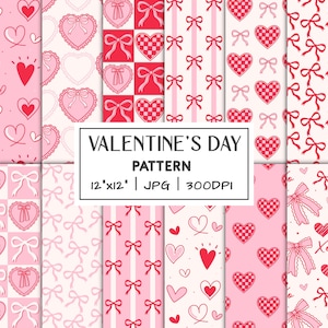 Pode incluir: Uma coleção de padrões do Dia dos Namorados em tons de rosa e vermelho. Os designs incluem corações, laços e padrões xadrez. O texto "VALENTINE'S DAY PATTERN" é exibido. Os padrões têm 30.48cm x 30.48cm e estão em formato JPG a 300 DPI.