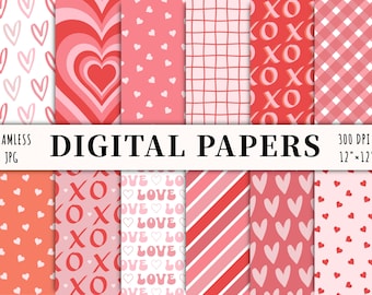 Valentine seamless digital paper pack, printable heart pattern, instant download, red pink boho background, scrapbook paper, commercial use