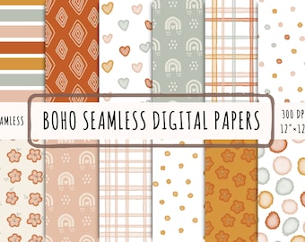 May include: A selection of seamless digital papers with a boho theme. The papers showcase diverse patterns, such as stripes, diamonds, hearts, rainbows, and floral designs. The colour scheme includes shades of orange, brown, and green. The text "BOHO SEAMLESS DIGITAL PAPERS" is displayed.