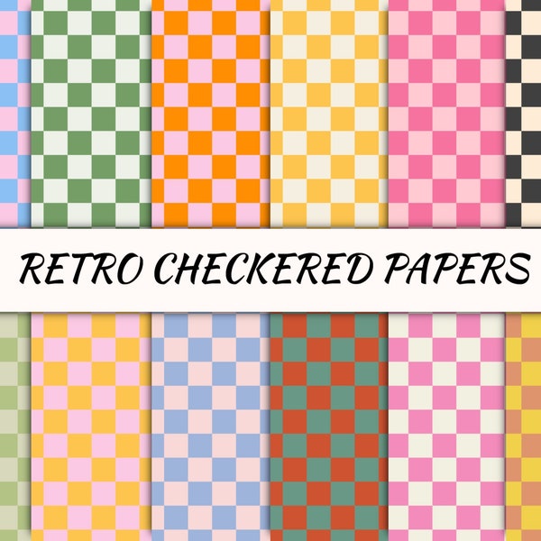 15 Retro Checkered Digital Paper, Seamless Checks Pattern, Instant download file, Checkers Background, Checkerboard Print, Yellow Blue Pink