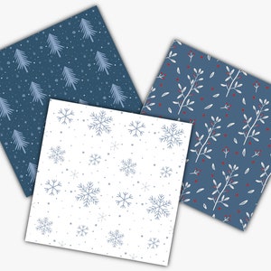 Boho winter Seamless digital paper, digital download file, Christmas tree socks snow leaves print, xmas abstract fabric design, blue pattern image 2