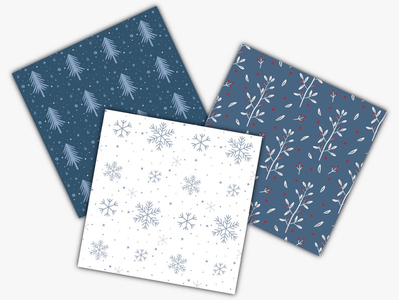 Boho winter Seamless digital paper, digital download file, Christmas tree socks snow leaves print, xmas abstract fabric design, blue pattern image 2