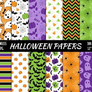 Op de afbeelding: Een verzameling naadloze digitale Halloween-thema papieren. Patronen zijn onder meer geesten, pompoenen, vleermuizen, spinnenwebben, snoepmaïs en zigzags. De tekst "HALLOWEEN PAPERS" wordt weergegeven. Elk papier is 30,48 cm x 30,48 cm groot.