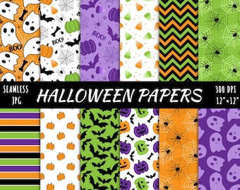 24 Cute Halloween Digital Papers, Spooky Ghost Pumpkin Seamless Pattern, Instant download file, Green Bat Backgrounds, Orange Purple Prints