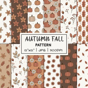 Può includere: Una collezione di modelli digitali a tema autunnale. I modelli presentano zucche, foglie e motivi floreali in tonalità di marrone, beige e arancione. Il testo "AUTUMN FALL PATTERN" è visualizzato su un rettangolo bianco, insieme alle dimensioni e alla risoluzione.