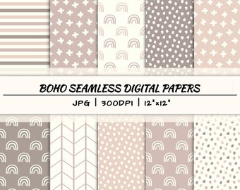 Boho nahtloses digitales Papier Pack, druckbares Muster, sofortiger Download Datei, Boho Hintergrund, trendige Kritzeleien, neutrales Regenbogen Scrapbook Papier