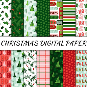 Christmas Digital Paper, Seamless Repeat Printable Pattern, Holiday Scrapbook Papers, Instant Download File, Red Green Tree Leaf Background