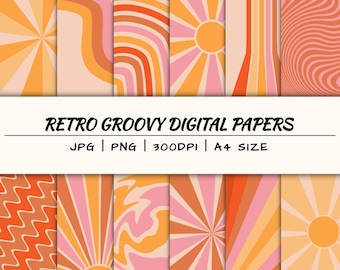 May include: A collection of digital papers with a retro groovy theme. The designs feature vibrant patterns in shades of orange, pink, and beige, including sunbursts, wavy lines, and abstract shapes. The text "Retro Groovy Digital Papers" is displayed.