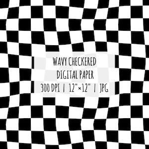 Black and white wavy checkered digital paper, seamless repeat, instant download file, black checks, checkered pattern, checkerboard print