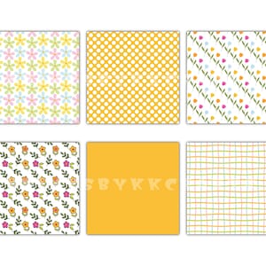 Pu&ograve; includere: Sei modelli quadrati con disegni floreali, a pois e a quadri. La tavolozza dei colori include tonalit&agrave; pastello come giallo, rosa e verde. Adatto per progetti di artigianato e design.