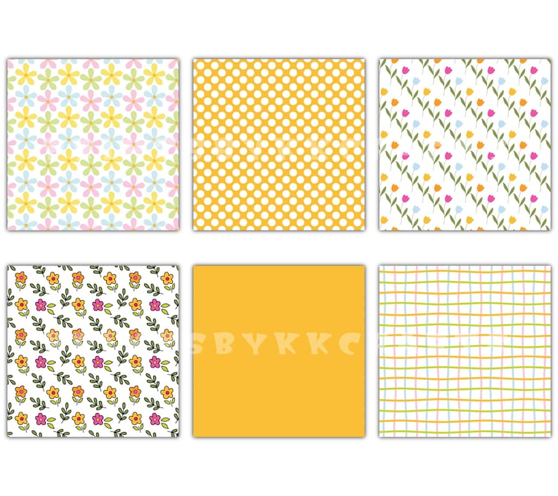 Pu&ograve; includere: Sei modelli quadrati con disegni floreali, a pois e a quadri. La tavolozza dei colori include tonalit&agrave; pastello come giallo, rosa e verde. Adatto per progetti di artigianato e design.