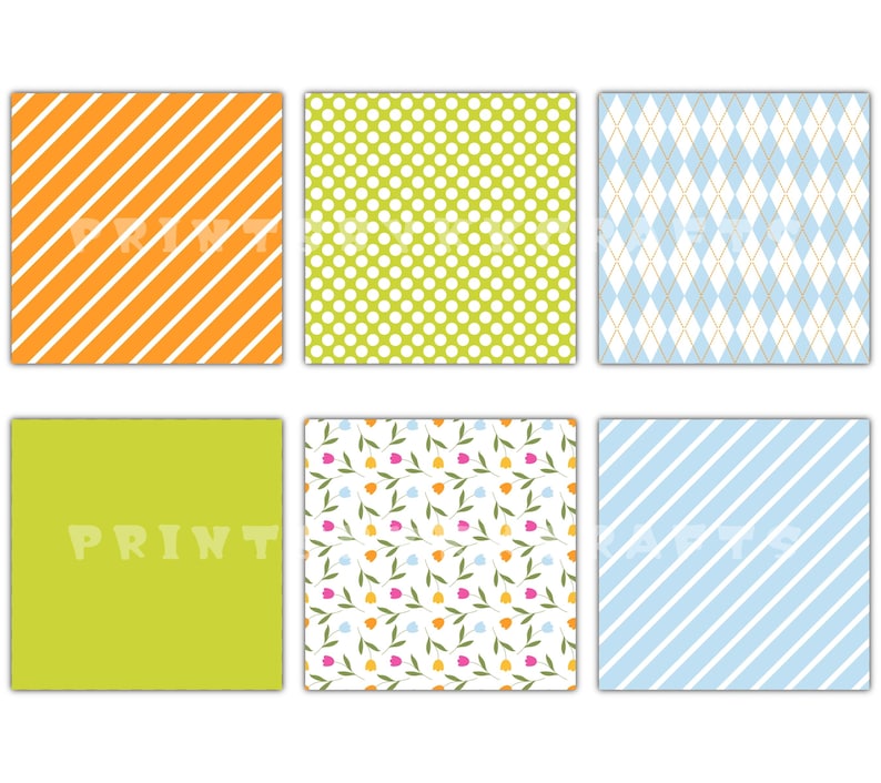Pu&ograve; includere: Sei quadrati a motivi con vari disegni. Questi includono strisce diagonali arancioni, pois verdi, un motivo a rombi blu, verde unito, un motivo floreale e strisce diagonali azzurre. La parola "PRINT" &egrave; visibile su un quadrato.