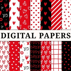 18 Valentinstag digitales Papier, nahtlose wiederholen druckbare Muster, sofort-Download-Datei, trendige Designs, schwarz und rot, Herz Hintergrund