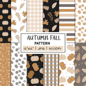 Pode incluir: Uma coleção de padrões digitais com tema de outono. Os designs incluem abóboras, folhas e xadrez em tons de castanho, bege e preto. O texto diz "Autumn Fall Pattern" e especifica o tamanho como 30,48 cm x 30,48 cm.