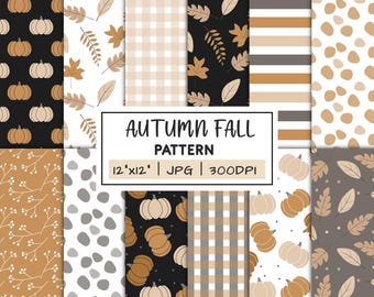 Autumn fall digital paper bundle, seamless repeat printable pattern, instant download file, boho pumpkin scrapbook paper, commercial use