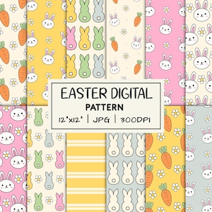 Papéis digitais com estampa de coelhinho da Páscoa, scrapbook floral sem emendas com cenouras (download digital)