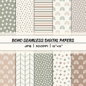 Papel digital sin costura boho, patrón imprimible, archivo de descarga instantánea, fondo abstracto, garabatos de moda, papel de álbum de recortes digital neutral