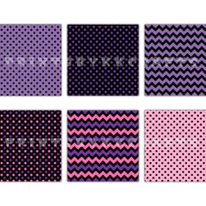 May include: Six square patterned designs. Two feature purple polka dots on a light purple background and black polka dots on a black background. Two have black and pink polka dots on a black background and pink and purple chevron stripes. The last two have purple chevron stripes and pink polka dots on a pink background.