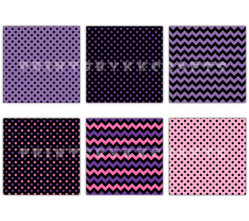 May include: Six square patterned designs. Two feature purple polka dots on a light purple background and black polka dots on a black background. Two have black and pink polka dots on a black background and pink and purple chevron stripes. The last two have purple chevron stripes and pink polka dots on a pink background.
