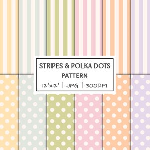 Puede incluir: Un patrón digital con rayas y lunares en colores pastel. El diseño incluye rayas verticales en amarillo, celeste, verde, rosa, naranja y morado, combinadas con patrones de lunares en tonos a juego. El texto dice "STRIPES & POLKA DOTS PATTERN".