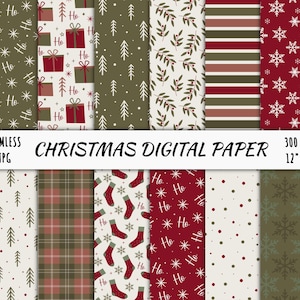 Weihnachten digitales druckbares Papier, nahtlose Rapportmuster, sofortige Download-Datei, Urlaub Scrapbooks, rot grün Baum Blatt Socken Hintergründe