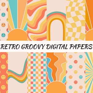 Papeles digitales Retro Groovy, jpg, fondo de los años 70, uso comercial, descarga instantánea, patrón hippy, papel de álbum de recortes de sonrisa, fondo de pantalla vintage
