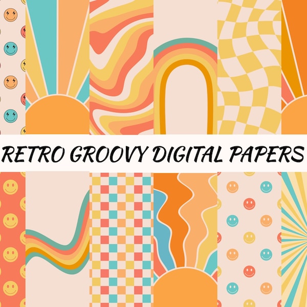Papiers numériques Retro Groovy, jpg, fond des années 70, utilisation commerciale, téléchargement instantané, motif hippie, papier scrapbook sourire, papier peint vintage