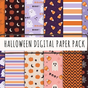 May include: A collection of seamless Halloween digital paper patterns. Designs include orange spiderwebs, pumpkins, ghosts, candy corn, and stripes. The pack is 12" x 12" and 300 DPI. The text "HALLOWEEN DIGITAL PAPER PACK" is displayed.