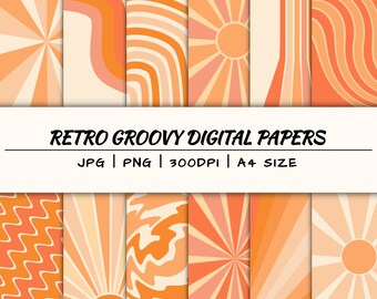 Retro Groovy digitale papers, jpg, png, jaren '70 achtergrond, commercieel gebruik, instant download, hippie patroon, retro plakboekpapier, poster print