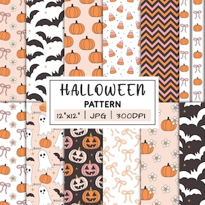 以下が含まれることがあります： ハロウィーンをテーマにしたデジタルパターンのコレクション。デザインには、カボチャ、コウモリ、キャンディーコーン、幽霊、リボンが含まれます。パターンは、オレンジ、黒、ピンクなど、さまざまな色で表示されます。「HALLOWEEN PATTERN」というテキストが表示されます。