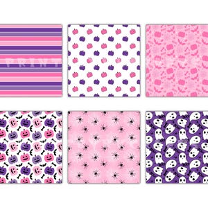 May include: A collection of six Halloween-themed digital papers. Designs include pink and purple stripes, pumpkins, bats, spiders, spiderwebs, and ghosts. The word "PRINT" is visible on one of the designs.