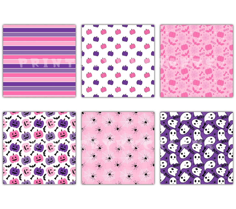 May include: A collection of six Halloween-themed digital papers. Designs include pink and purple stripes, pumpkins, bats, spiders, spiderwebs, and ghosts. The word "PRINT" is visible on one of the designs.