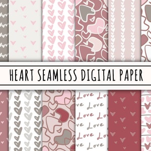 Valentine&#39;s day digital paper pack, love heart seamless repeat printable pattern, instant download file, handdrawn doodle, pastel background