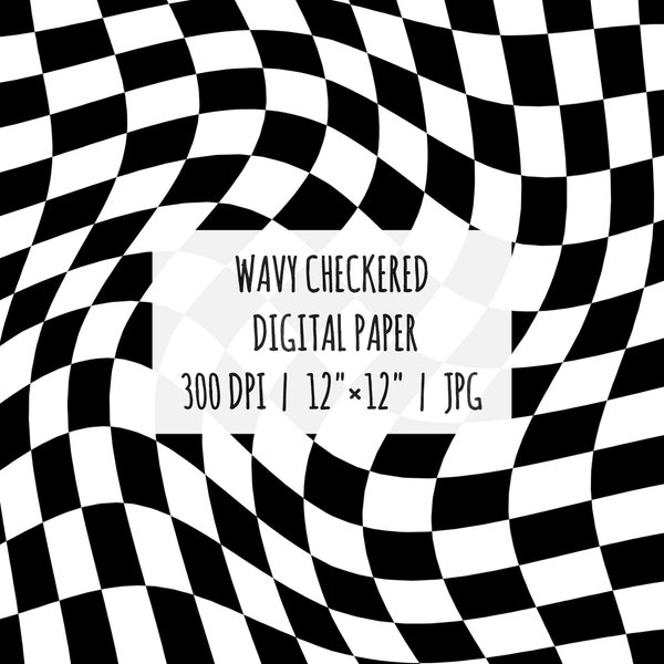 Black and White Wavy Checker Seamless Digital Paper, Checkered Pattern, Instant download file, Black Checks Background, Checkerboard Prints