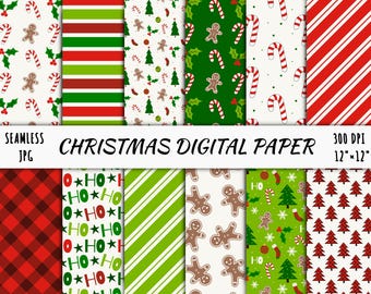 Ginger Bread Candy Cane Pattern, Christmas Seamless Digital Papers, Holiday Scrapbook Paper, Instant Download File, Tree Leaf Background