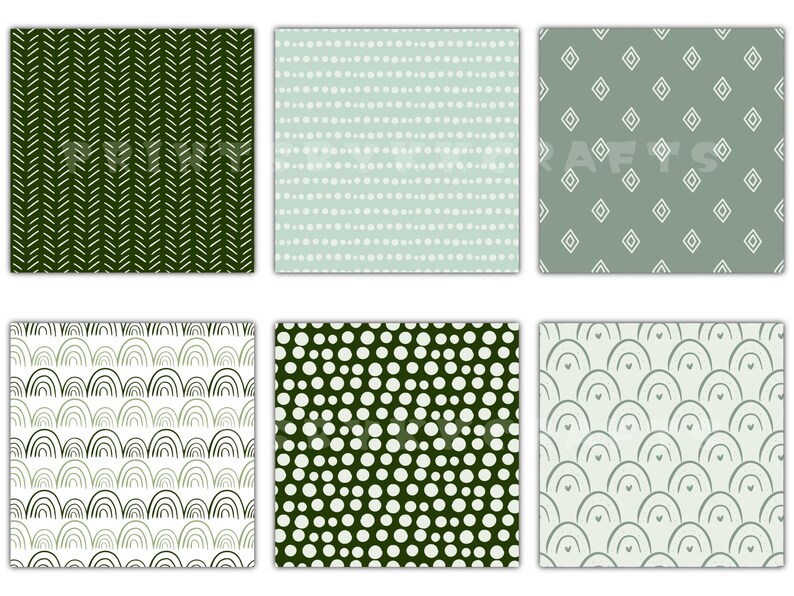 Pu&ograve; includere: Sei campioni di tessuto quadrati con vari motivi. I disegni includono spina di pesce verde scuro, pois azzurri, diamanti grigi, arcobaleni verdi, pois verde scuro e archi verde chiaro. La parola "CRAFTS" &egrave; visibile su un campione.