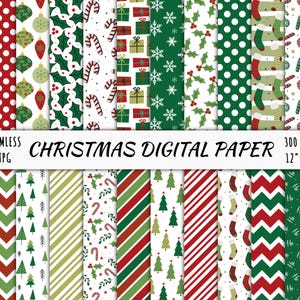 Weihnachten Digitales Papier, nahtloses rotes Zuckerstangenmuster, grüner Baum Socken Blatthintergrund, druckbare Schneeflocken, sofortige Download-Datei, Jpg