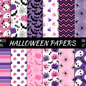 21 różowych papierów cyfrowych na Halloween, upiorny wzór dyni ducha, plik do natychmiastowego pobrania, fioletowy papier do scrapbookingu nietoperza, urocze tła
