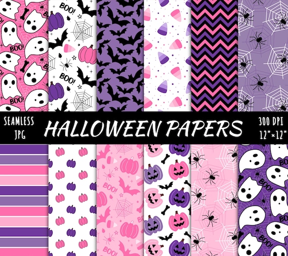 21 Pink Halloween Digital Papers, Spooky Ghost Pumpkin Seamless Pattern, Instant download file, Purple bat Scrapbook paper, Cute Backgrounds