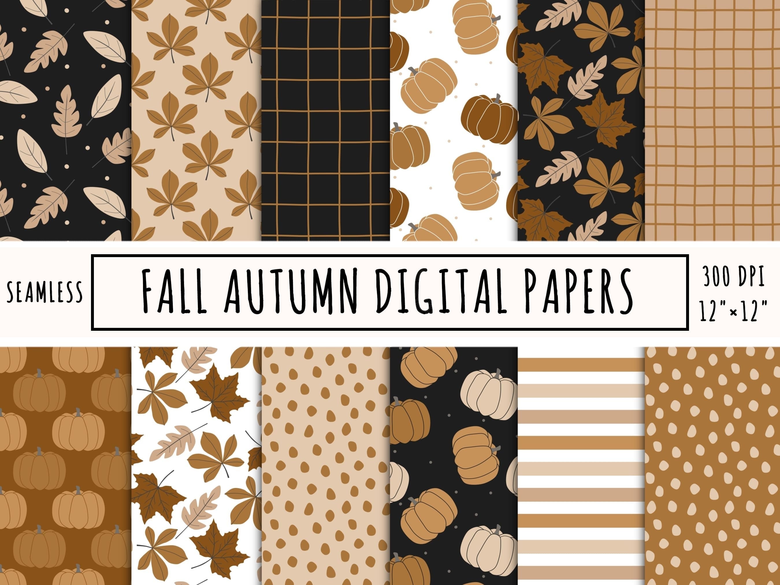 Boho Seamless Pumpkin Digital Paper Set, Fall Autumn Leaf Texture ...