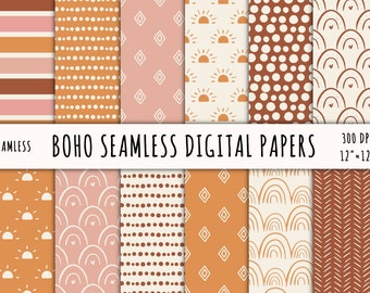 May include: A collection of seamless boho digital papers in various patterns. Designs include stripes, dots, diamonds, sunbursts, and arches in warm tones of orange, pink, and brown. The papers are 12" x 12" and 300 DPI. The text reads "BOHO SEAMLESS DIGITAL PAPERS".