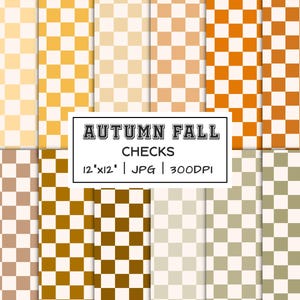 Puede incluir: Una colección digital de doce patrones de cuadros en varios tonos inspirados en el otoño, incluyendo amarillo, naranja, marrón y verde apagado. Una etiqueta blanca central muestra el texto AUTUMN FALL CHECKS 12"x12" | JPG | 300DPI.