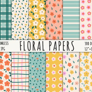 Floral digital papers, Seamless pattern, Instant download file, Flower background, Hand drawn patterns, Spring Scrapbook Paper