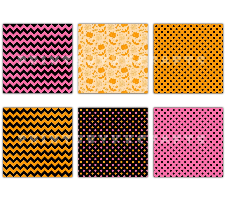 May include: A collection of six patterned squares. Designs include pink and black chevron, orange and black chevron, orange polka dots, black polka dots with pink and orange, and pink polka dots with black. One square has a Halloween theme.
